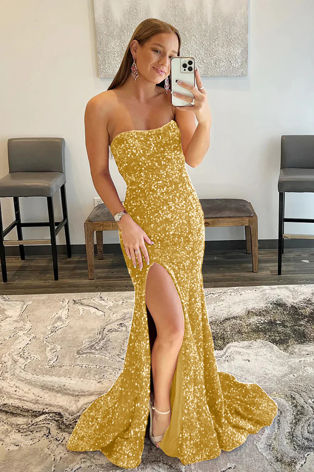 Off-the-Shoulder Sequins Mermaid Strapless Long Prom Dress With Slit